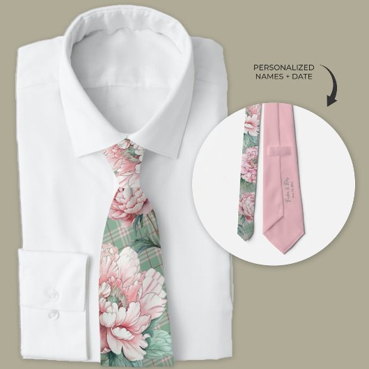 Roze Pioen en Plaid Floral Groomsmen Stropdas