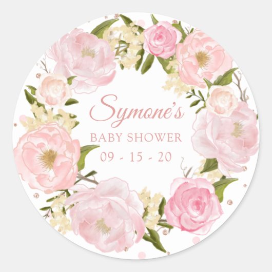 Roze Pioen en Roos Goud Polkadot Baby shower Ronde Sticker (Voorkant)