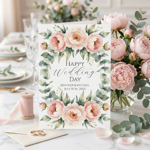 Roze Pioen Eucalyptus Waterverf Huwelijksgelukwens Kaart