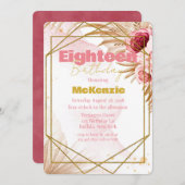 Roze Pioen Goud Glitter 18e Verjaardagsfeest Kaart (Voorkant / Achterkant)