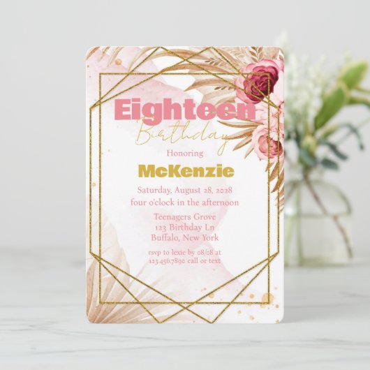 Roze Pioen Goud Glitter 18e Verjaardagsfeest Kaart (Staand voorkant)