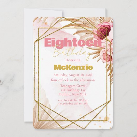 Roze Pioen Goud Glitter 18e Verjaardagsfeest Kaart (Voorkant)