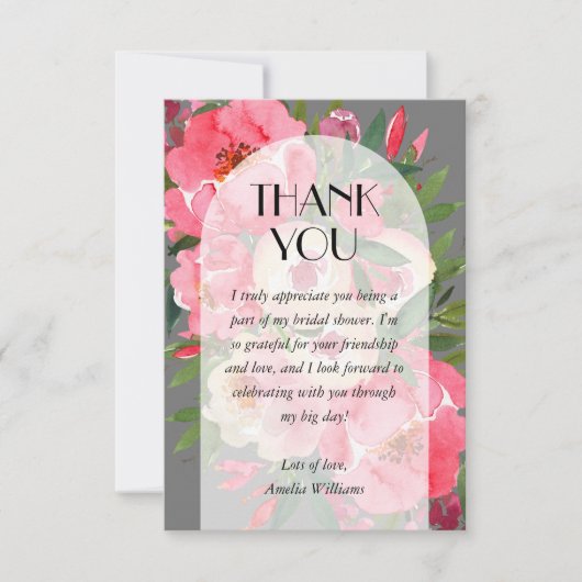 Roze Pioen Grijs Bruiloftsontbijt  Bedankkaart (Voorkant)