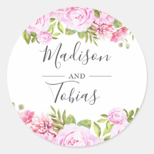 Roze Pioen Groene Bloemige Trouwgunst Ronde Sticker