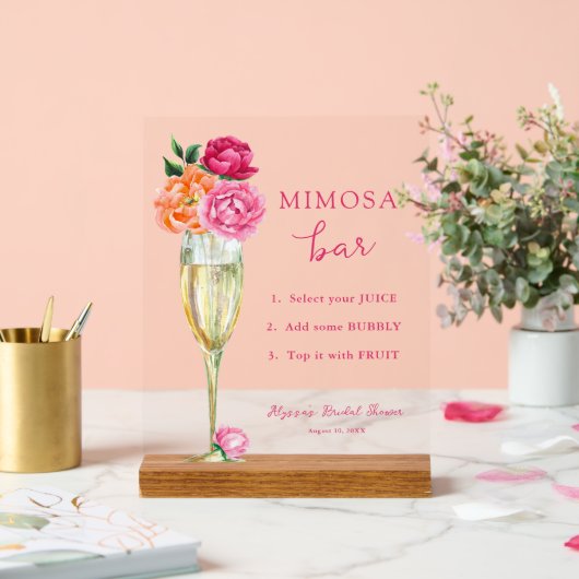 Roze Pioen Helder Bloemig Mimosa Bar Douche Acryl Bord (Huwelijk)