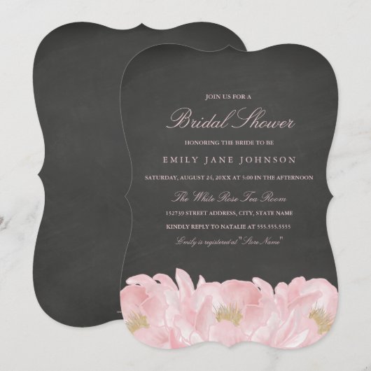 Roze pioen krijtbord bruids douche uitnodiging (Voorkant / Achterkant)