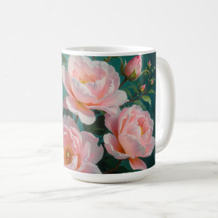 Roze Pioen Kunstwerk op Smaragdgroen Koffiemok