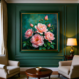 Roze Pioen Kunstwerk op Smaragdgroen Poster
