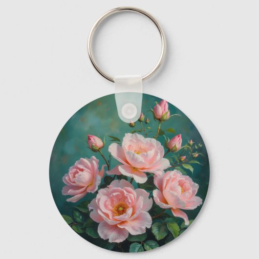 Roze Pioen Kunstwerk op Smaragdgroen Sleutelhanger (Voorkant)