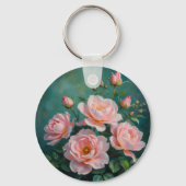 Roze Pioen Kunstwerk op Smaragdgroen Sleutelhanger (Achterkant)