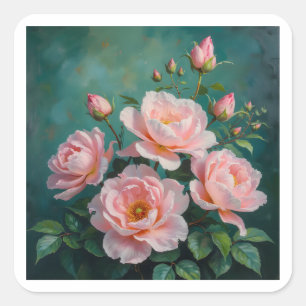 Roze Pioen Kunstwerk op Smaragdgroen Vierkante Sticker