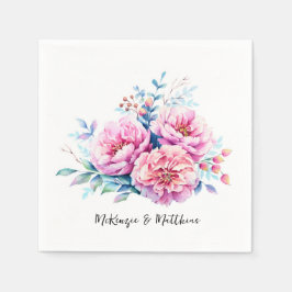 Roze Pioen Luchtige Waterverf Bloemige Bruiloft Servet