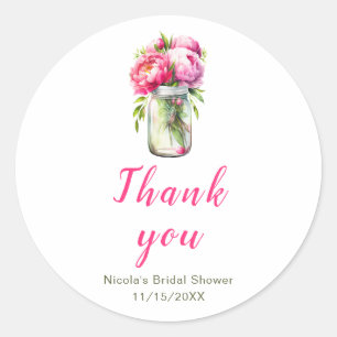 Roze Pioen Mason Jar Bruidscadeau Ronde Sticker
