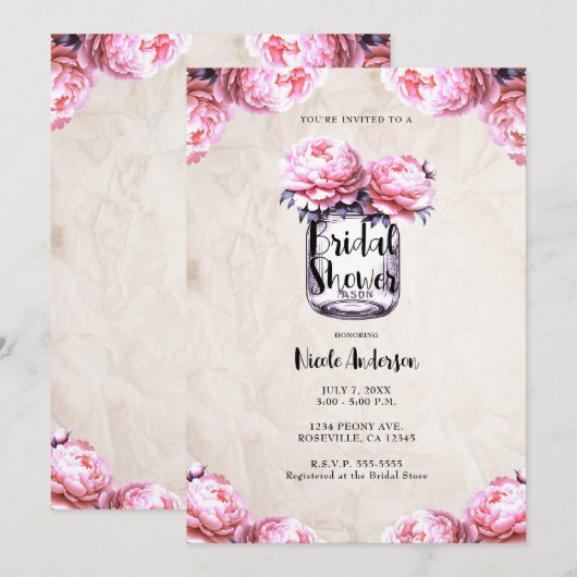 Roze Pioen Mason Pot Rustieke Bruiloft Feest  Kaart (Voorkant / Achterkant)