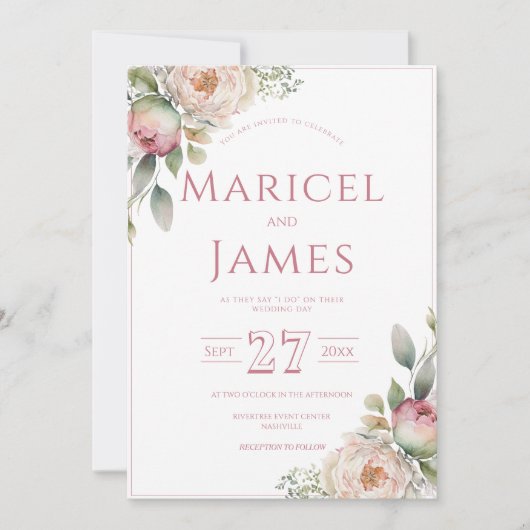 Roze Pioen Moderne Bruiloft Uitnodiging (Voorkant)