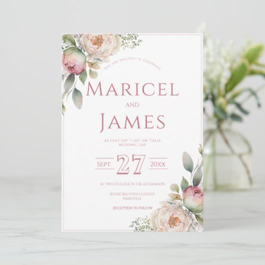 Roze Pioen Moderne Bruiloft Uitnodiging (Staand voorkant)