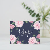 Roze Pioen & Navy Achtergrond | RSVP Uitnodiging Briefkaart (Staand voorkant)
