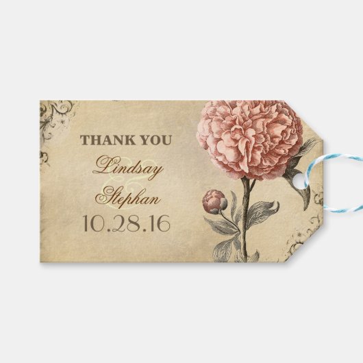 Roze Pioen Oude Trouwdag Cadeaulabel (Voorkant (Horizontaal))