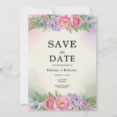 Roze Pioen Paarse Hortensia Bloemige Bewaar de Dat Save The Date (Voorkant)
