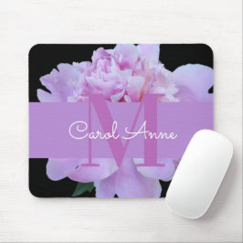 Roze Pioen Paarse Monogram Bloemen Zwart Muismat