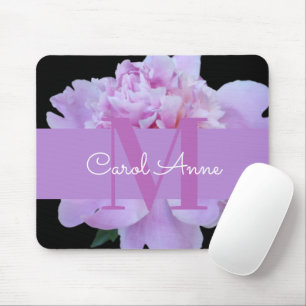 Roze Pioen Paarse Monogram Bloemen Zwart Muismat