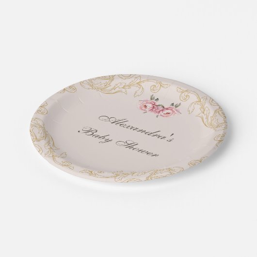 Roze  pioen rococo bloemen Baby shower Papieren Bordje (Gekanteld)