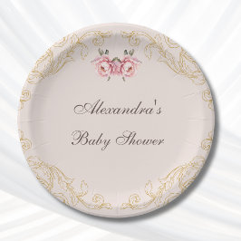 Roze  pioen rococo bloemen Baby shower Papieren Bordje