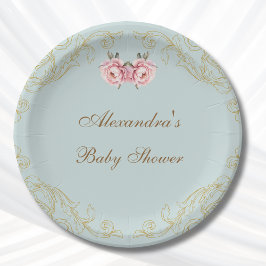 Roze  pioen rococo bloemen Baby shower Papieren Bordje