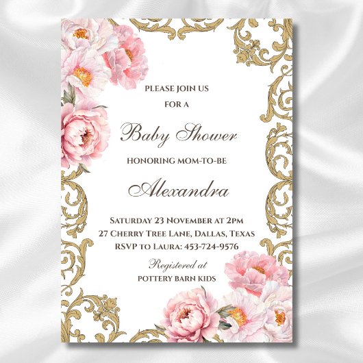 Roze pioen Rococo Floral Baby shower Kaart