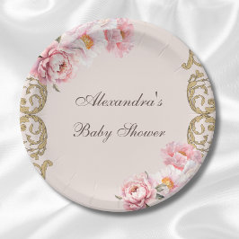 Roze pioen Rococo Floral Baby shower Papieren Bordje