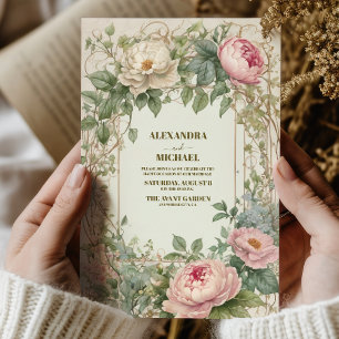 Roze Pioen Romantische Art Nouveau Bruiloft Kaart