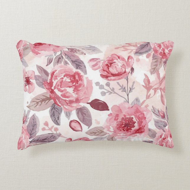 Roze Pioen Roos Waterverf Bloementuin Accent Kussen (Voorkant)