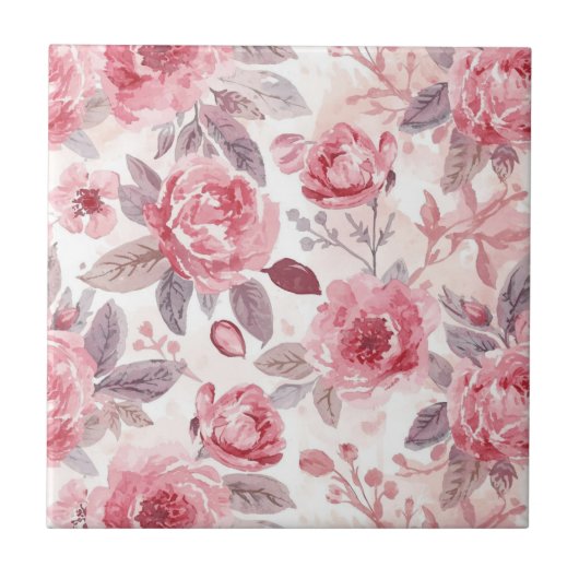 Roze Pioen Roos Waterverf Bloementuin Tegeltje (Voorkant)