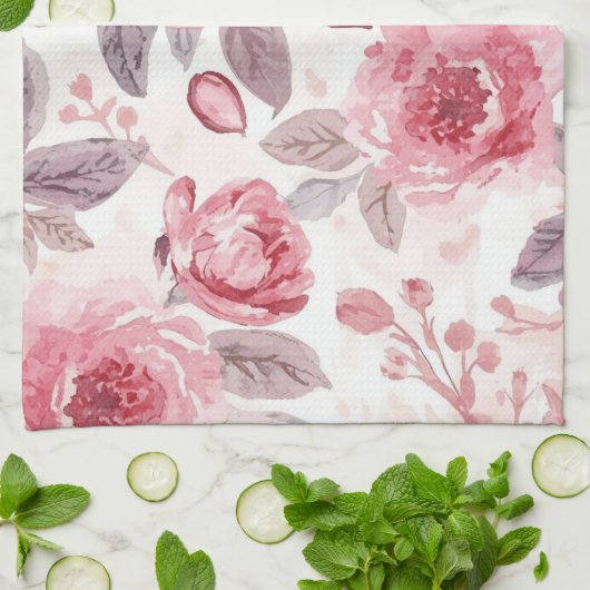 Roze Pioen Roos Waterverf Bloementuin Theedoek (Gevouwen)