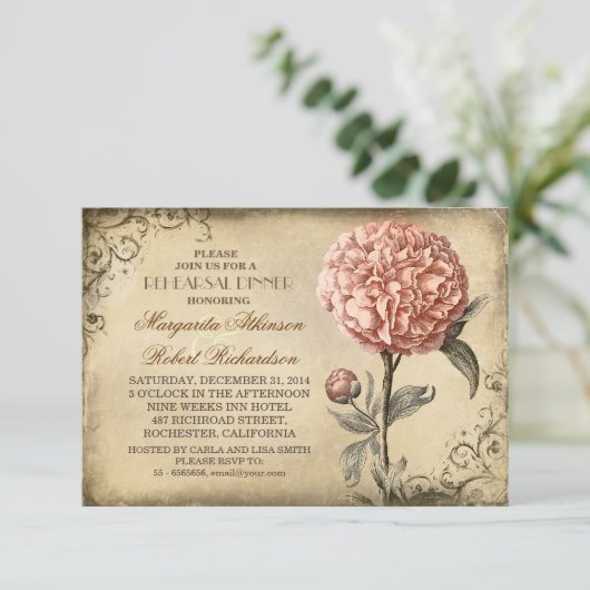 roze pioen rustiek repetitiediner kaart (Staand voorkant)