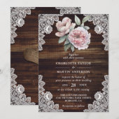 Roze pioen rustieke houten kant bloemenbruiloft kaart (Voorkant / Achterkant)