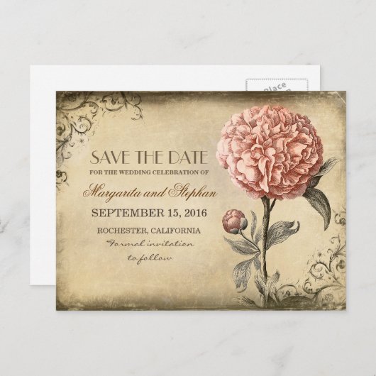 Roze Pioen Save the Date Aankondigingskaart (Voorkant / Achterkant)