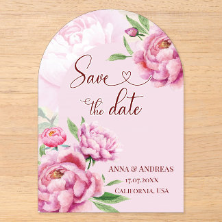 Roze Pioen Save the Date Bruidskaart Acryl Uitnodigingen