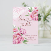 Roze Pioen Save the Date Bruiloftkaart (Staand voorkant)