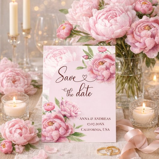 Roze Pioen Save the Date Kaart