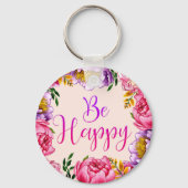 Roze Pioen Sleutelhanger 'Wees Gelukkig' (Voorkant)