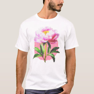 Roze Pioen Stip Mozaïek Bloem Heren T-shirt