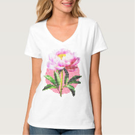Roze Pioen Stip Mozaïek Bloem V-hals T-shirt