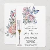 Roze Pioen Stoffig Blauw Vlinder Brunch & Bubble Kaart (Voorkant / Achterkant)