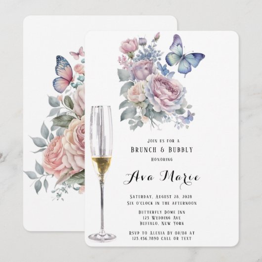 Roze Pioen Stoffig Blauw Vlinder Brunch & Bubble Kaart (Voorkant / Achterkant)