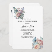 Roze Pioen Stoffig Blauw Vlinder Brunch & Bubble Kaart (Voorkant / Achterkant)