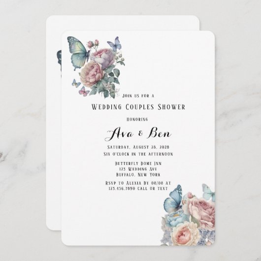 Roze Pioen Stoffig Blauw Vlinder Brunch & Bubble Kaart (Voorkant / Achterkant)