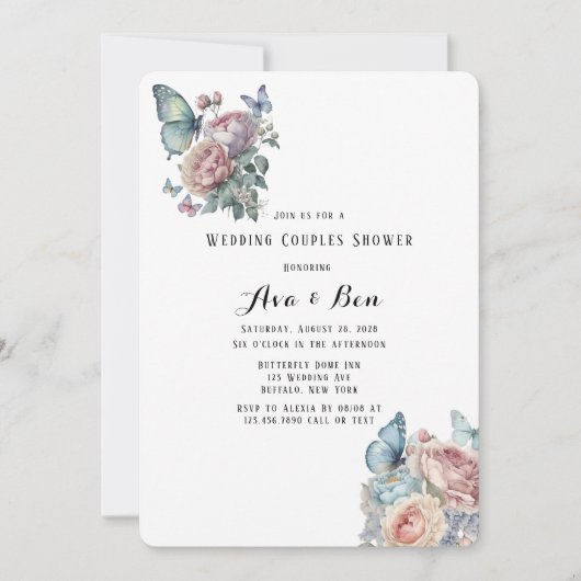 Roze Pioen Stoffig Blauw Vlinder Brunch & Bubble Kaart (Voorkant)