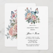 Roze Pioen Stoffig Blauw Vlinder Verlovingsfeest Kaart (Voorkant / Achterkant)