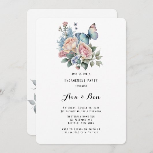 Roze Pioen Stoffig Blauw Vlinder Verlovingsfeest Kaart (Voorkant / Achterkant)